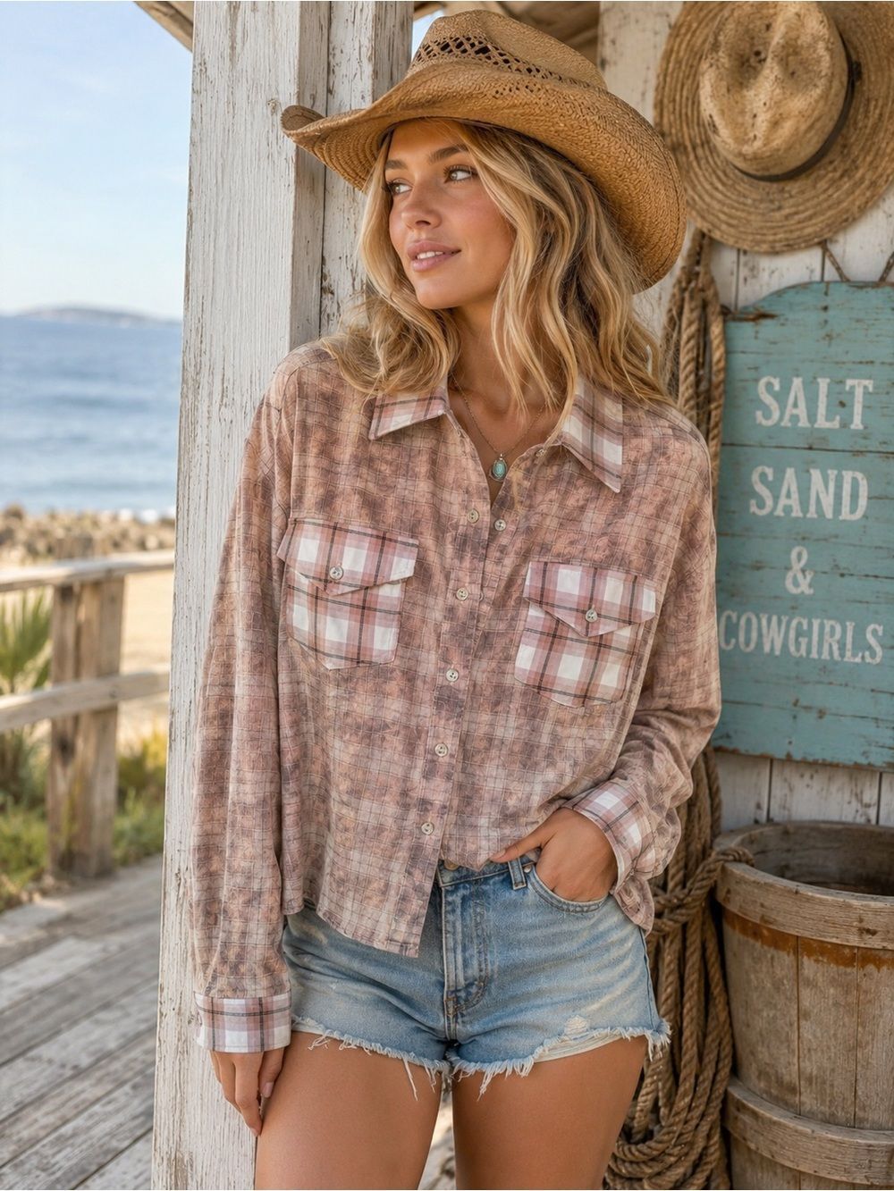 POL Women's Plaid Button-Down Shirt in Soft Brown and Cream